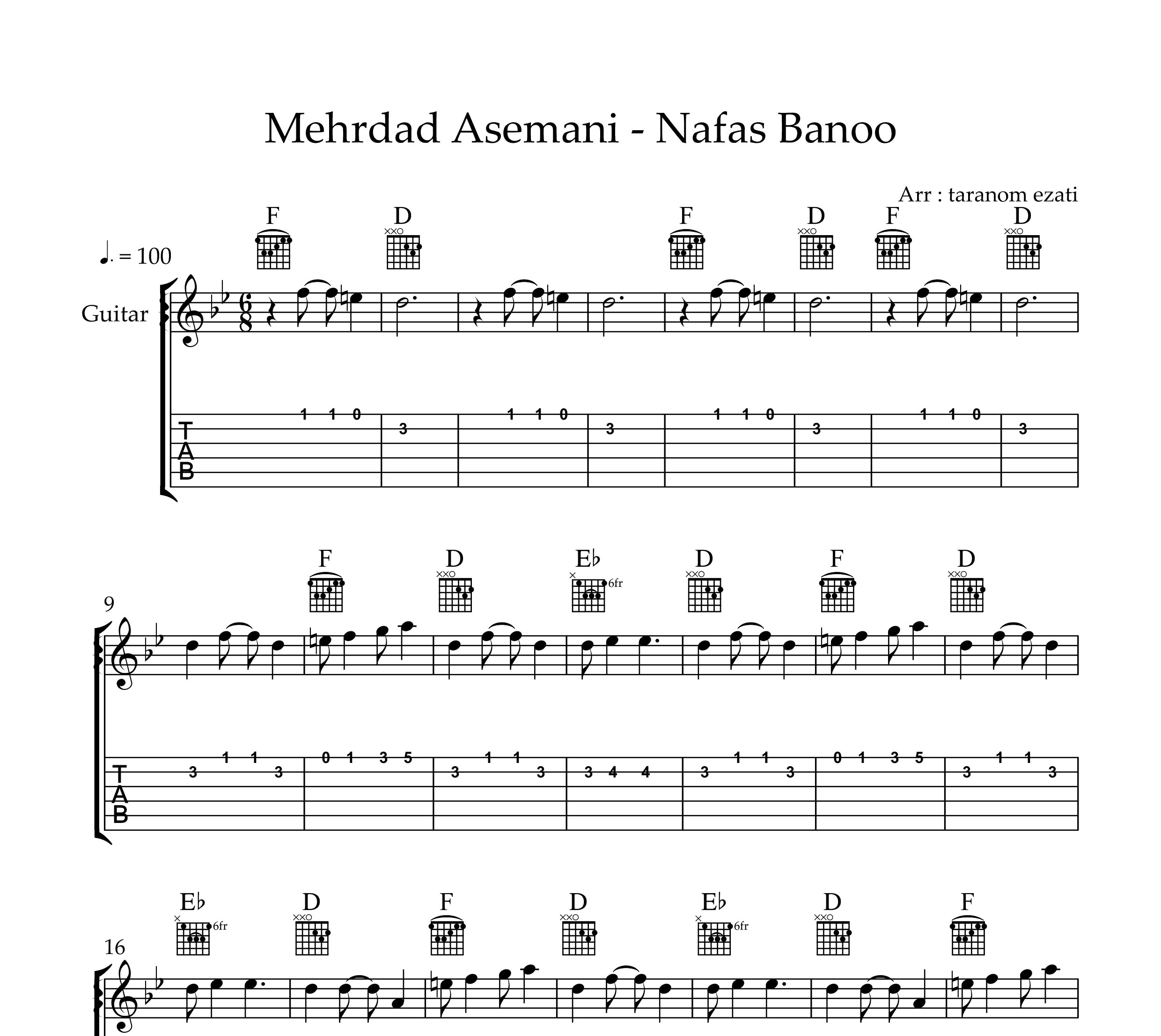 نت گیتار نفس بانو مهرداد آسمانی به همراه تبلچر و آکورد
