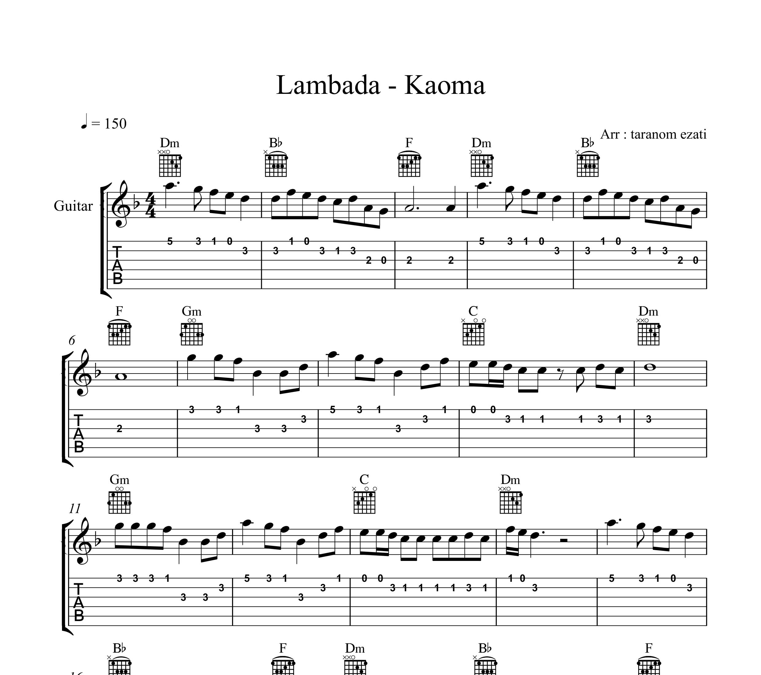 نت گیتار lambada از kaoma کائوما به همراه تبلچر و آکورد
