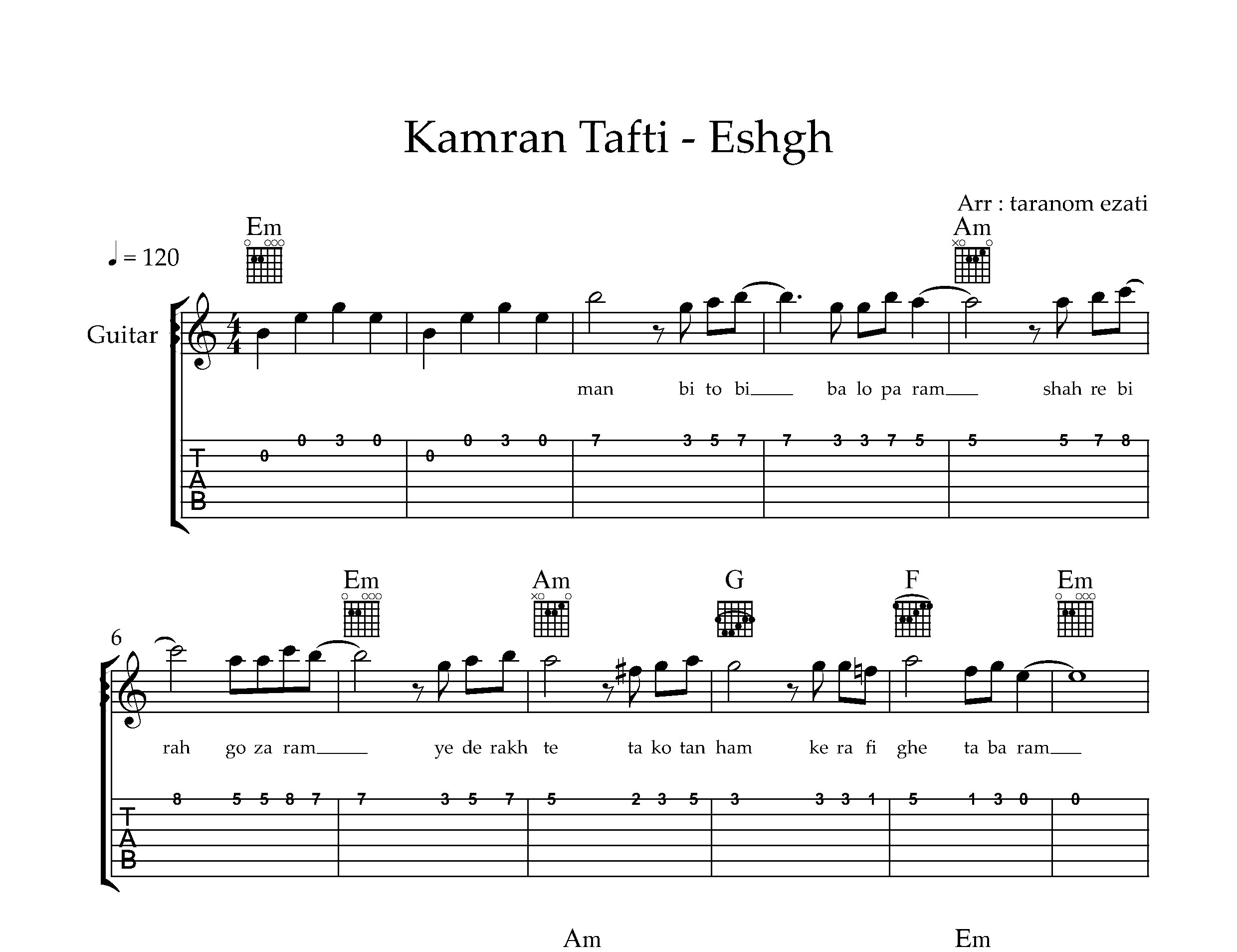 نت گیتار عشق کامران تفتی به همراه تبلچر و آکورد