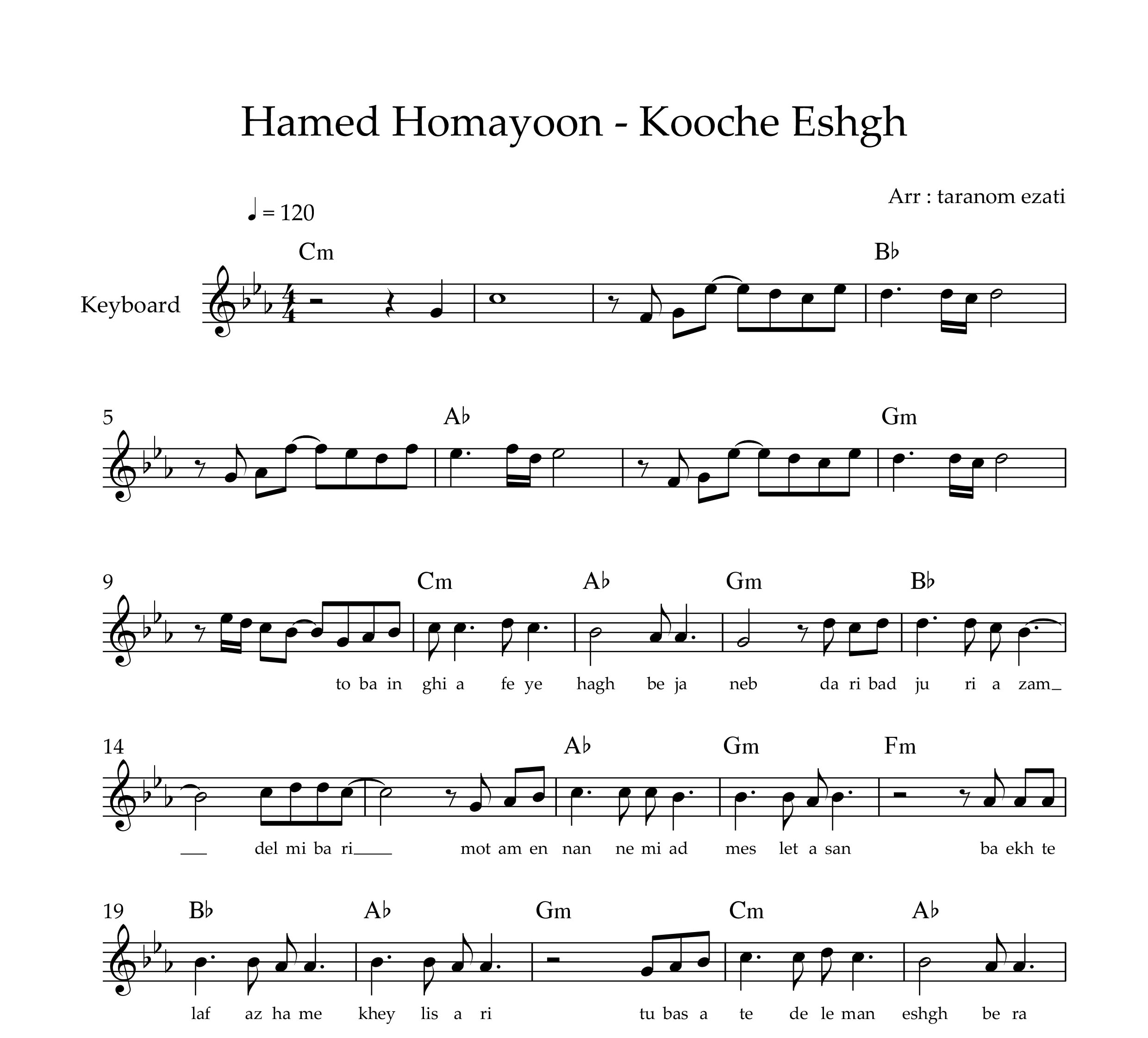 نت کیبورد کوچه عشق حامد همایون به همراه آکورد