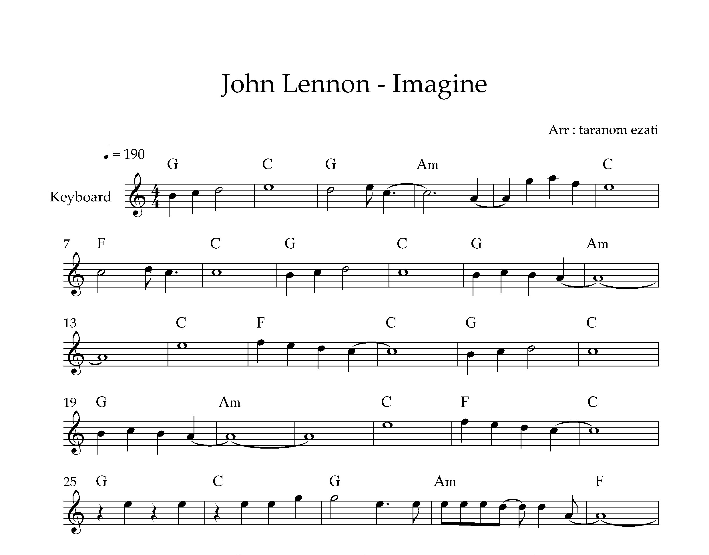 نت کیبورد Imagine از John Lennon به همراه آکورد