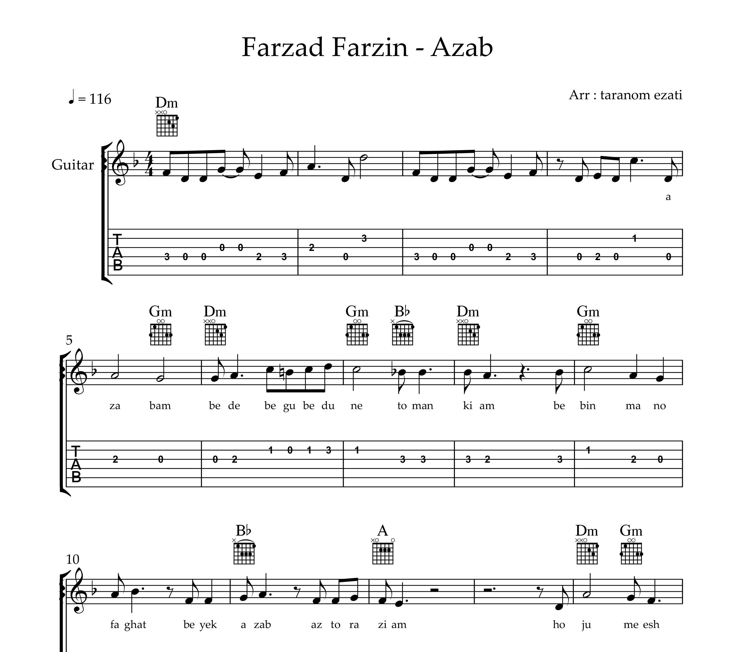 نت گیتار عذاب فرزاد فرزین به همراه تبلچر و آکورد