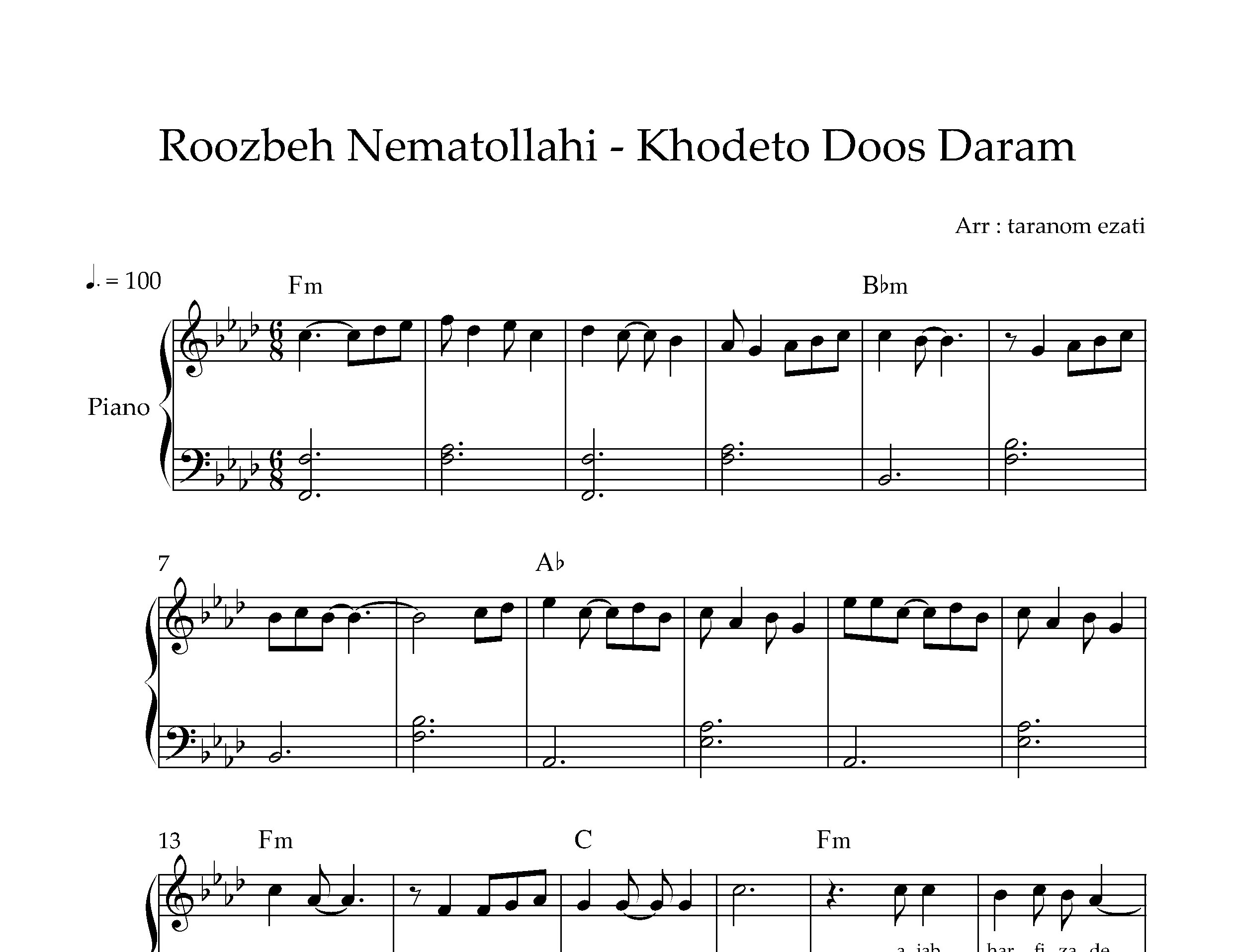 نت پیانو خنده هاتو دوست دارم روزبه نعمت الهی