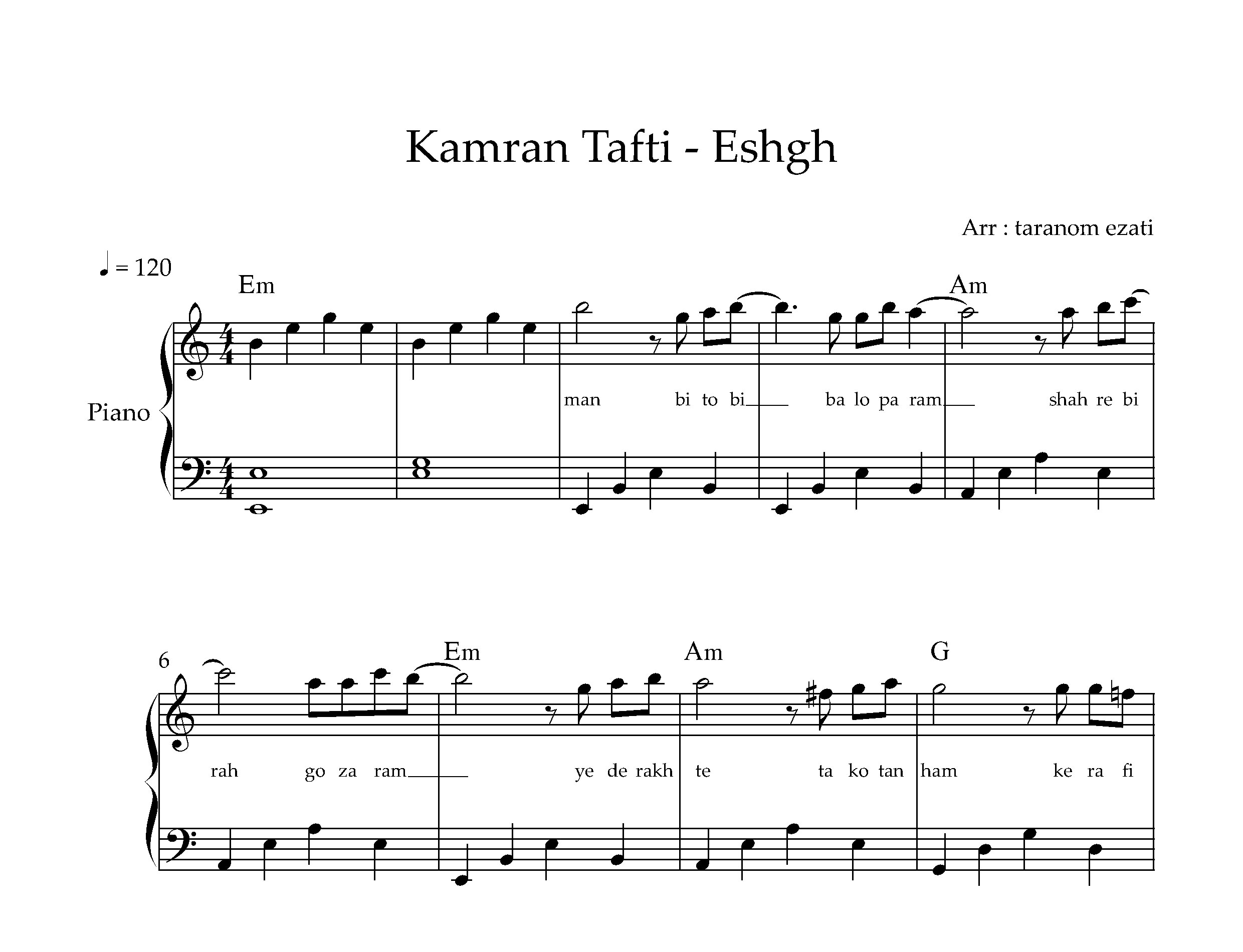 نت پیانو عشق کامران تفتی