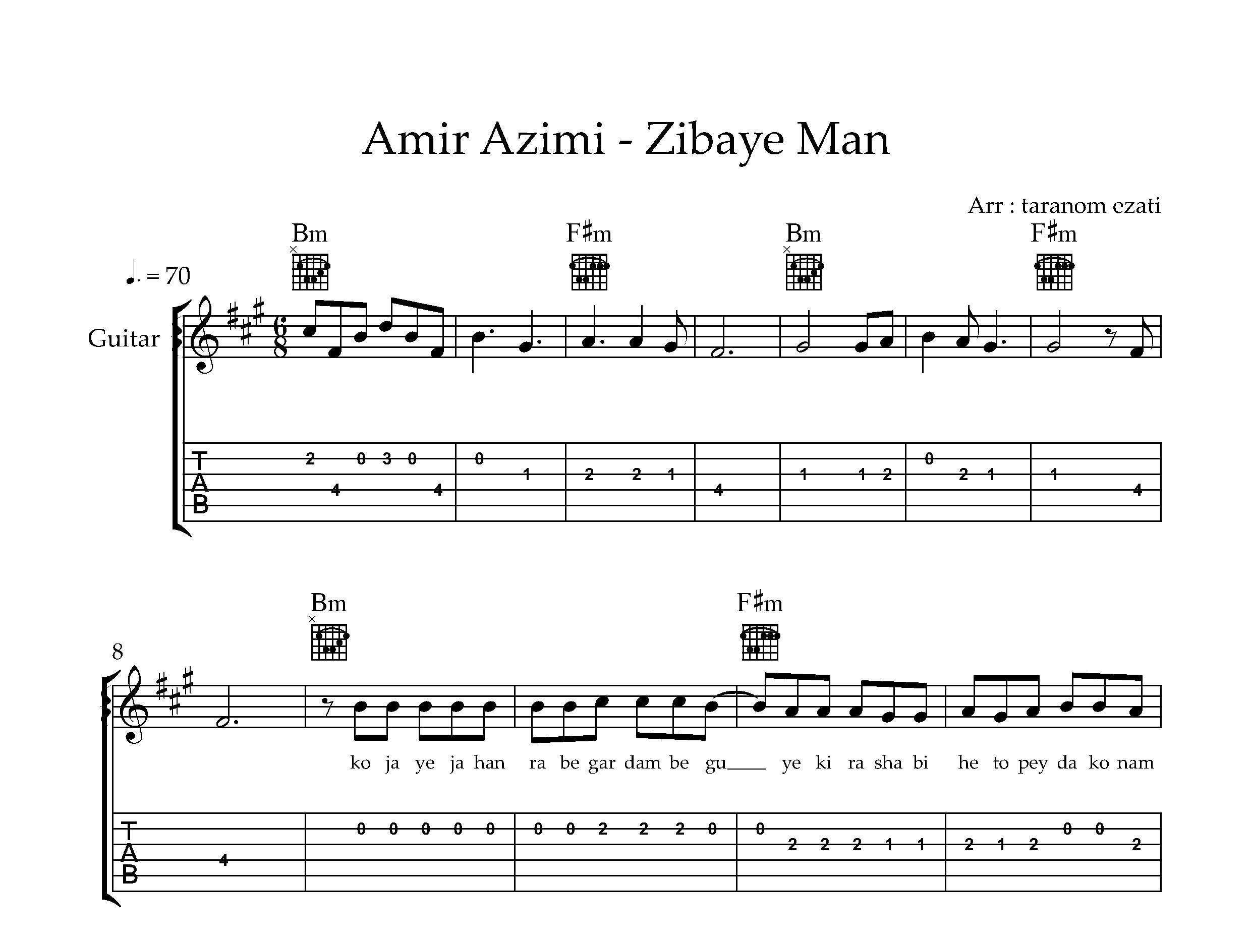 نت گیتار زیبای من امیر عظیمی به همراه تبلچر و آکورد