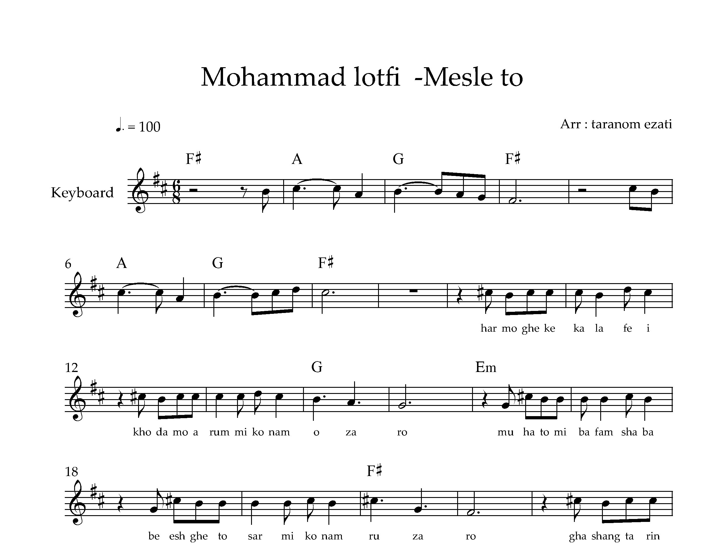 نت کیبورد مثل تو محمد لطفی به همراه آکورد