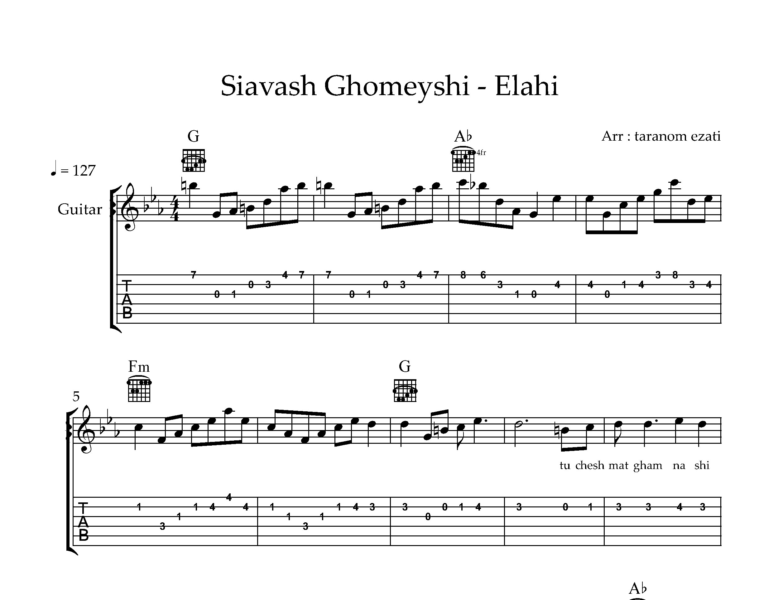 نت گیتار الهی سیاوش قمیشی به همراه تبلچر و آکورد
