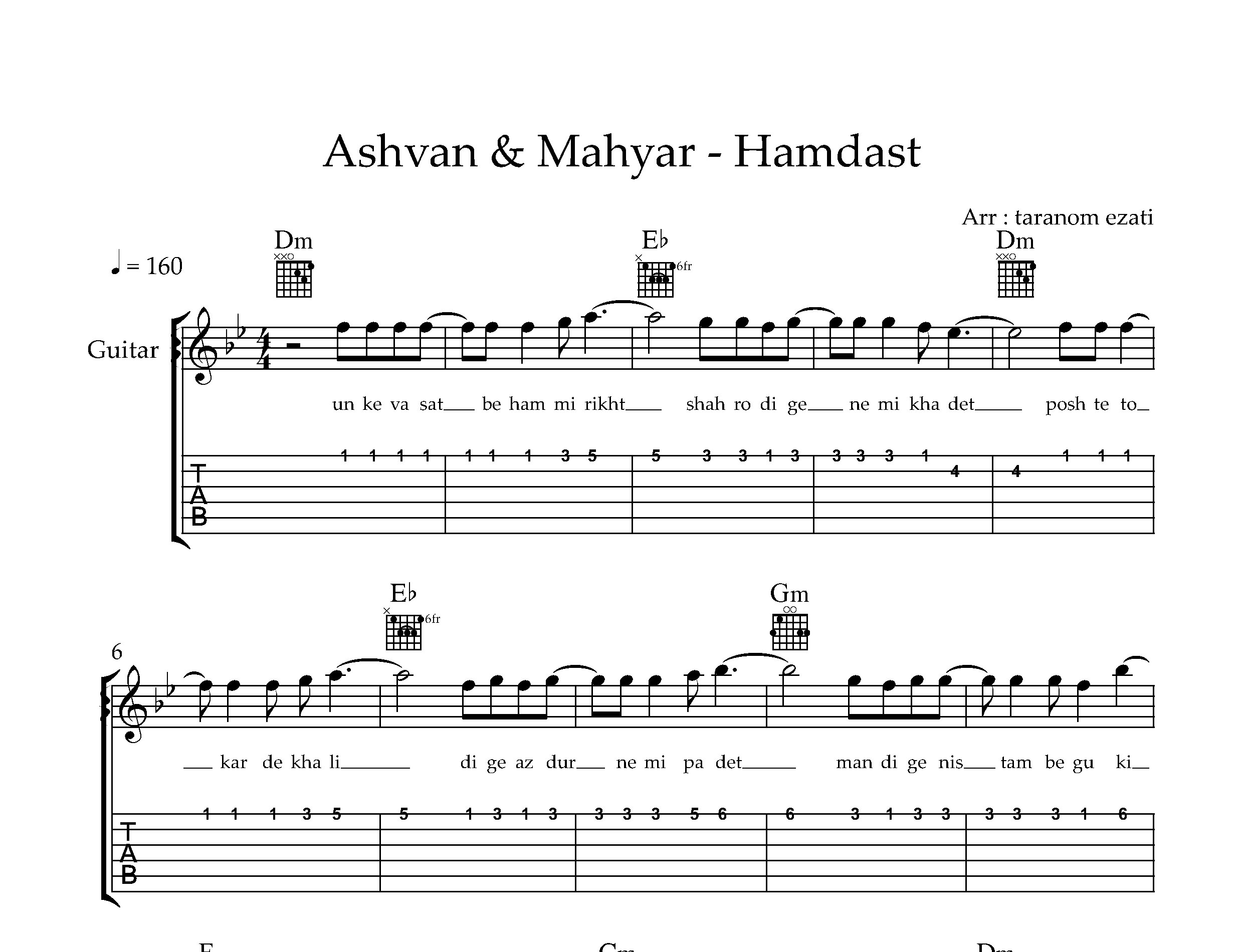 نت گیتار همدست اشوان به همراه تبلچر و آکورد