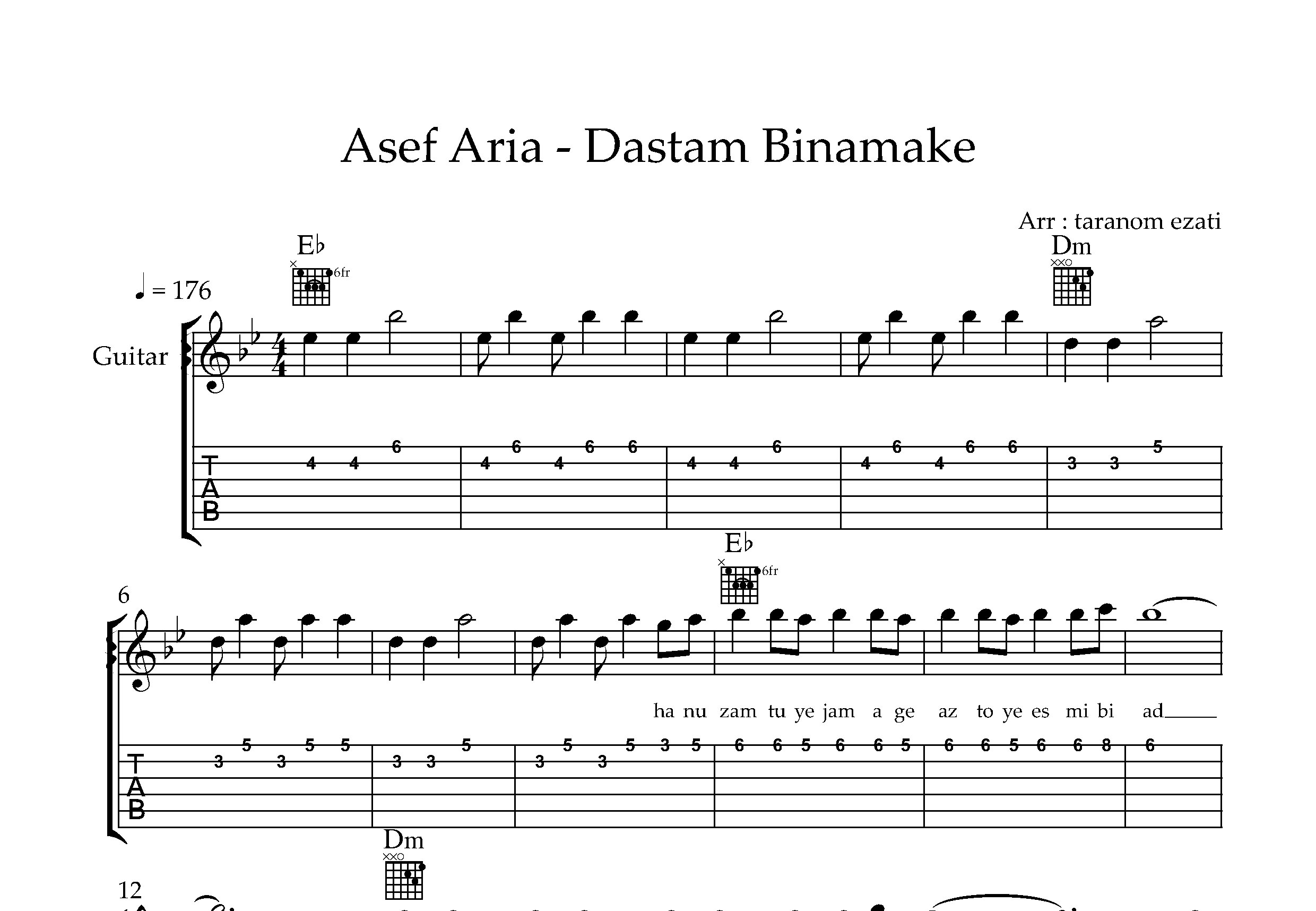 نت گیتار دستم بی نمکه آصف آریا به همراه تبلچر و آکورد