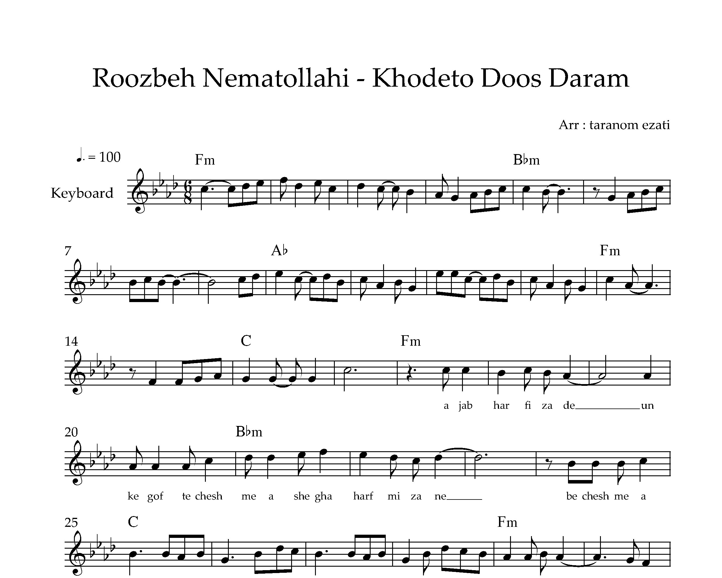 نت کیبورد خنده هاتو دوست دارم روزبه نعمت الهی به همراه آکورد