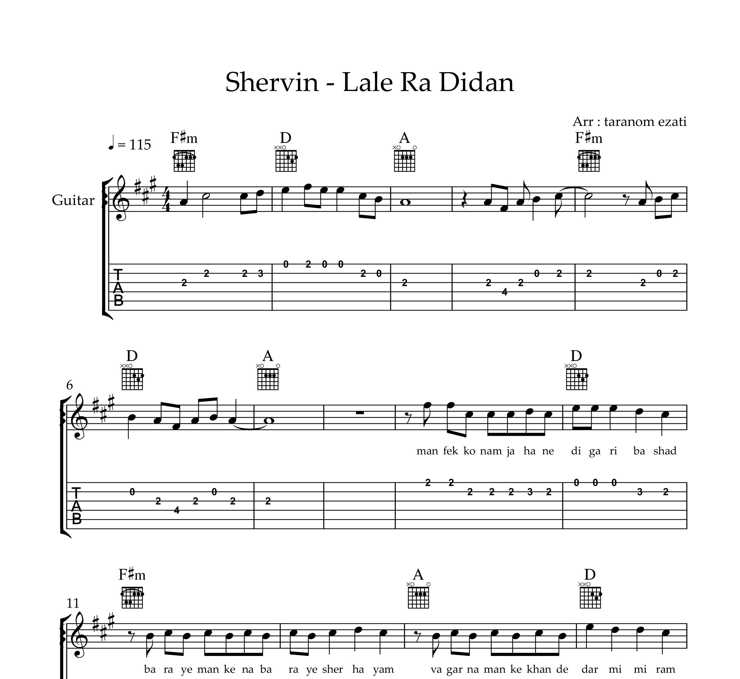 نت گیتار لاله را دیدن شروین حاجی پور به همراه تبلچر و آکورد