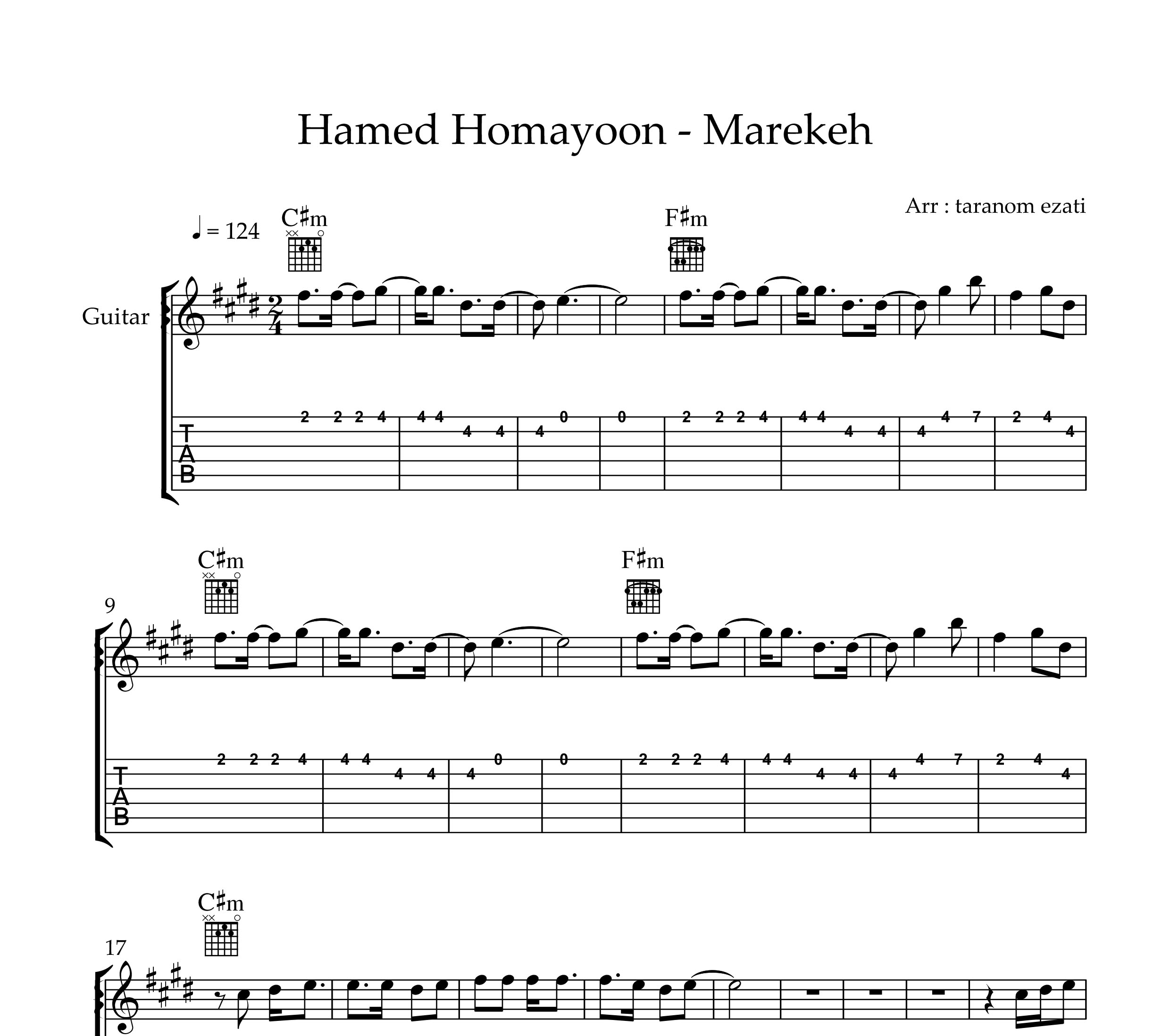 نت گیتار معرکه حامد همایون به همراه تبلچر و آکورد