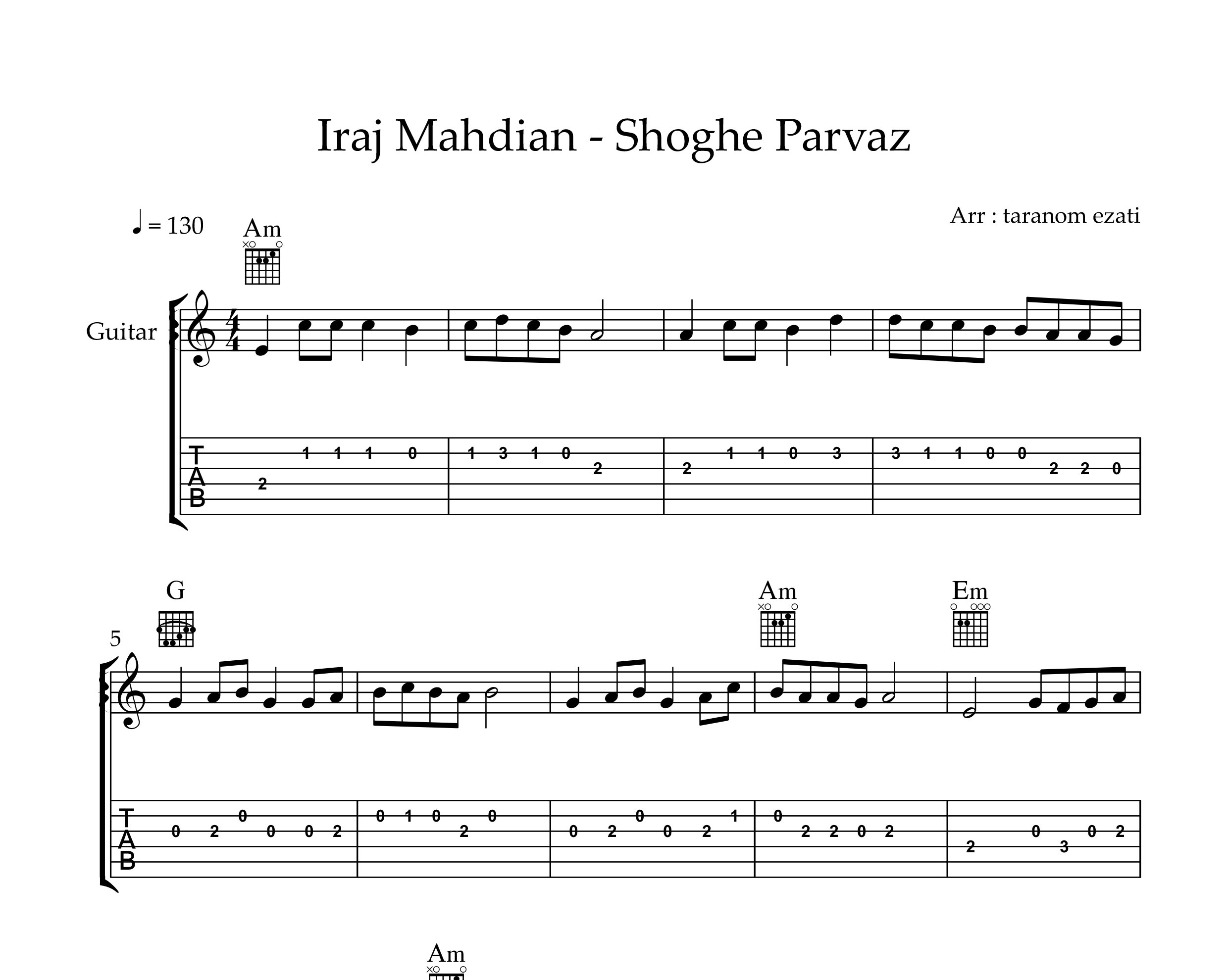 نت گیتار شوق پرواز ایرج مهدیان به همراه تبلچر و آکورد