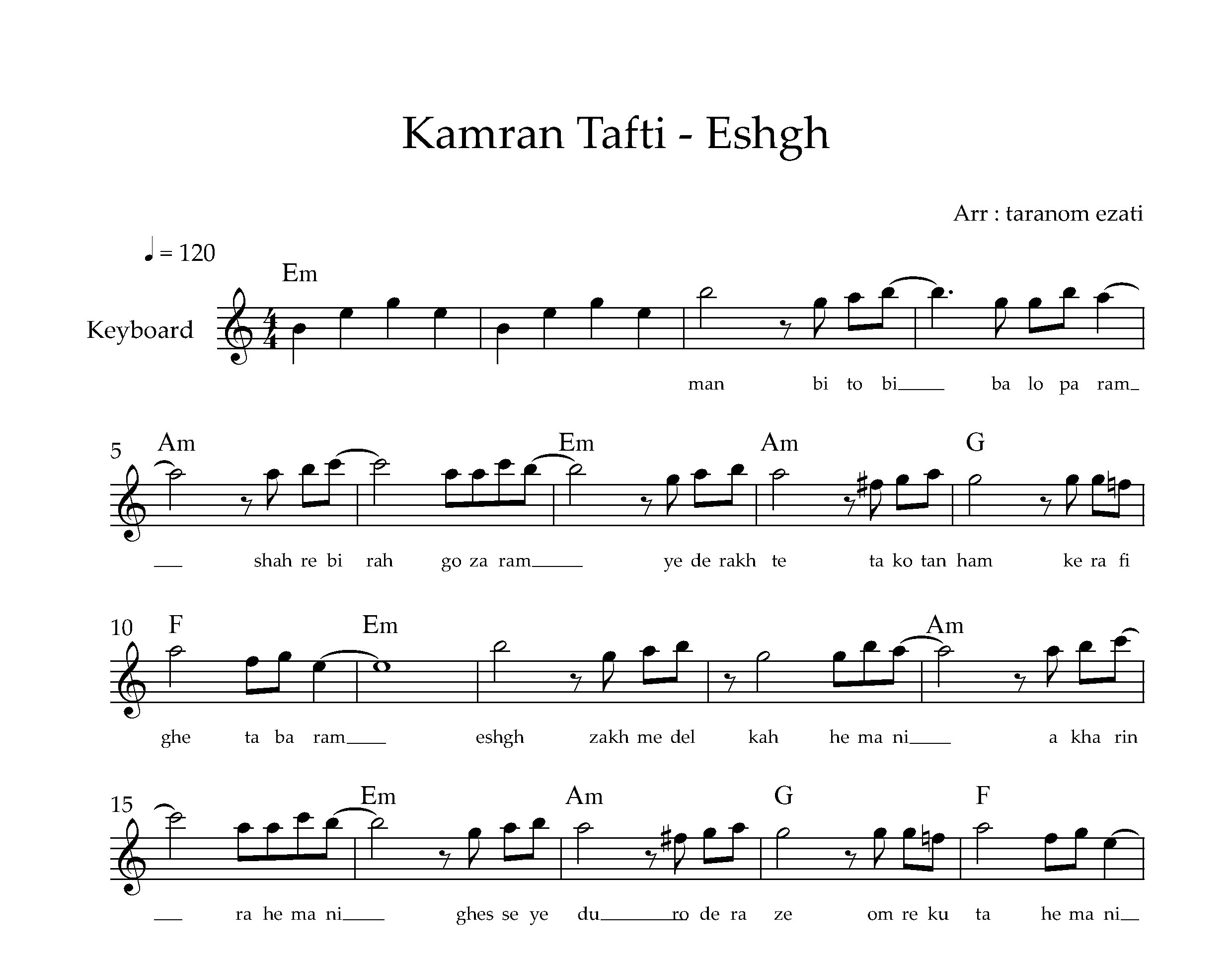 نت کیبورد عشق کامران تفتی به همراه آکورد
