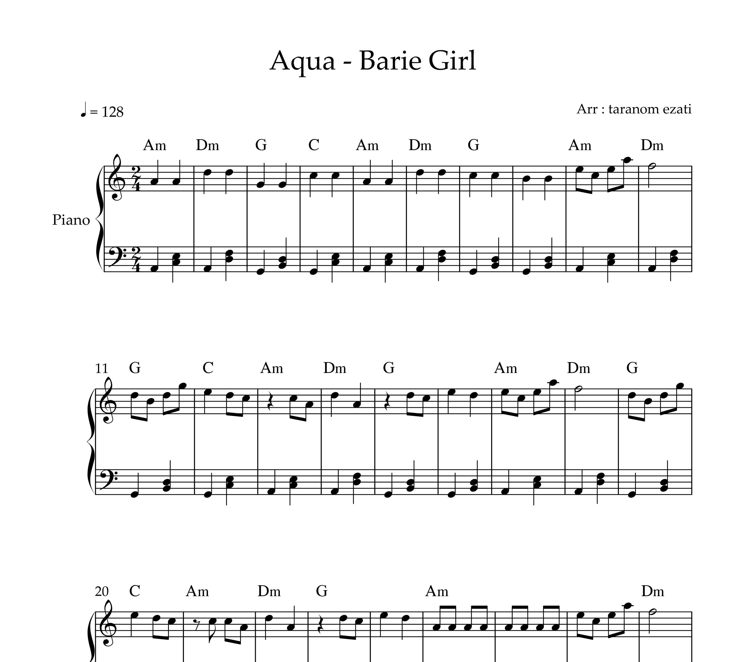 نت پیانو barbie girl دختر باربی از aqua