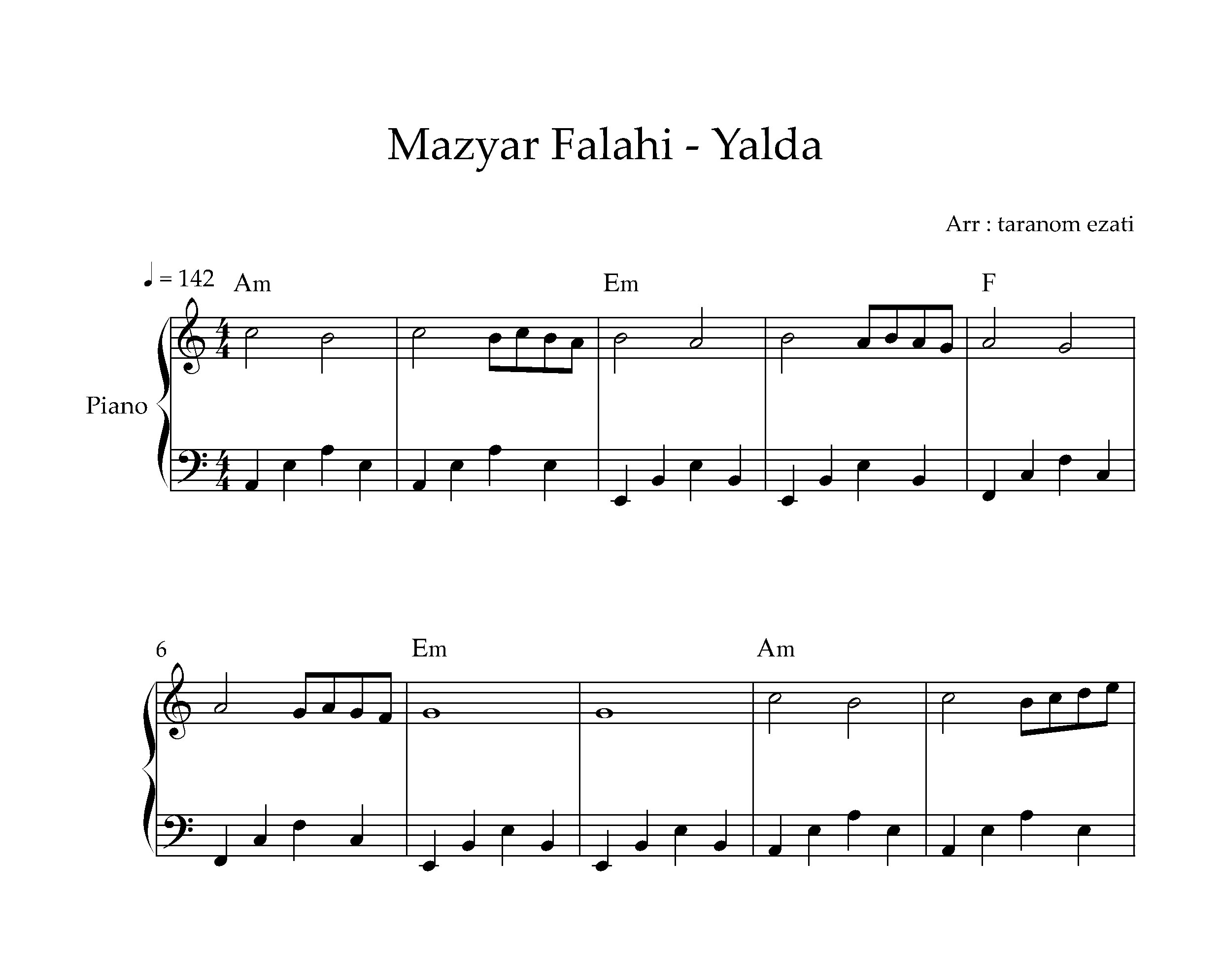 نت پیانو یلدا مازیار فلاحی