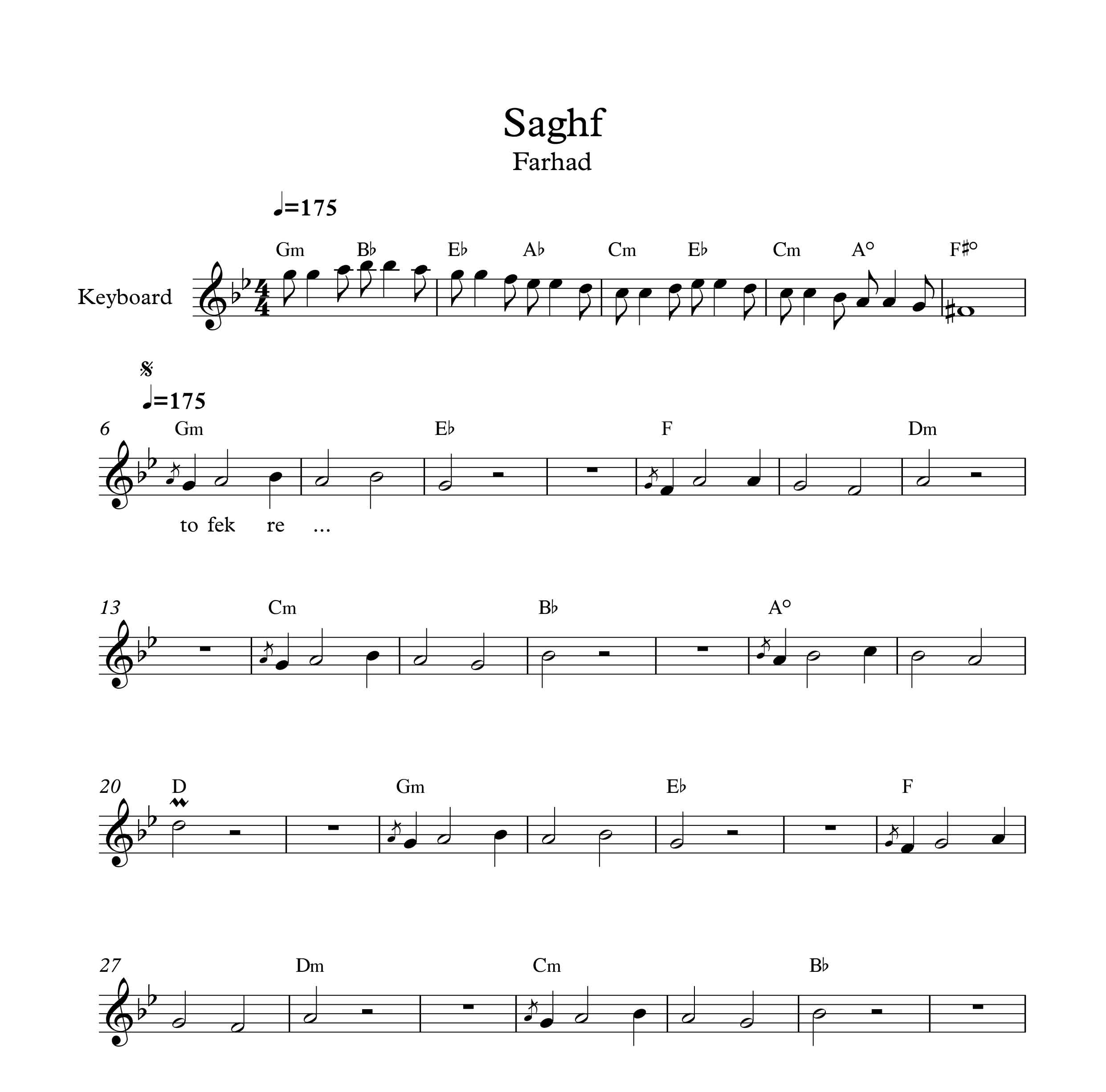 نت آهنگ سقف از فرهاد برای کیبورد به همراه آکورد