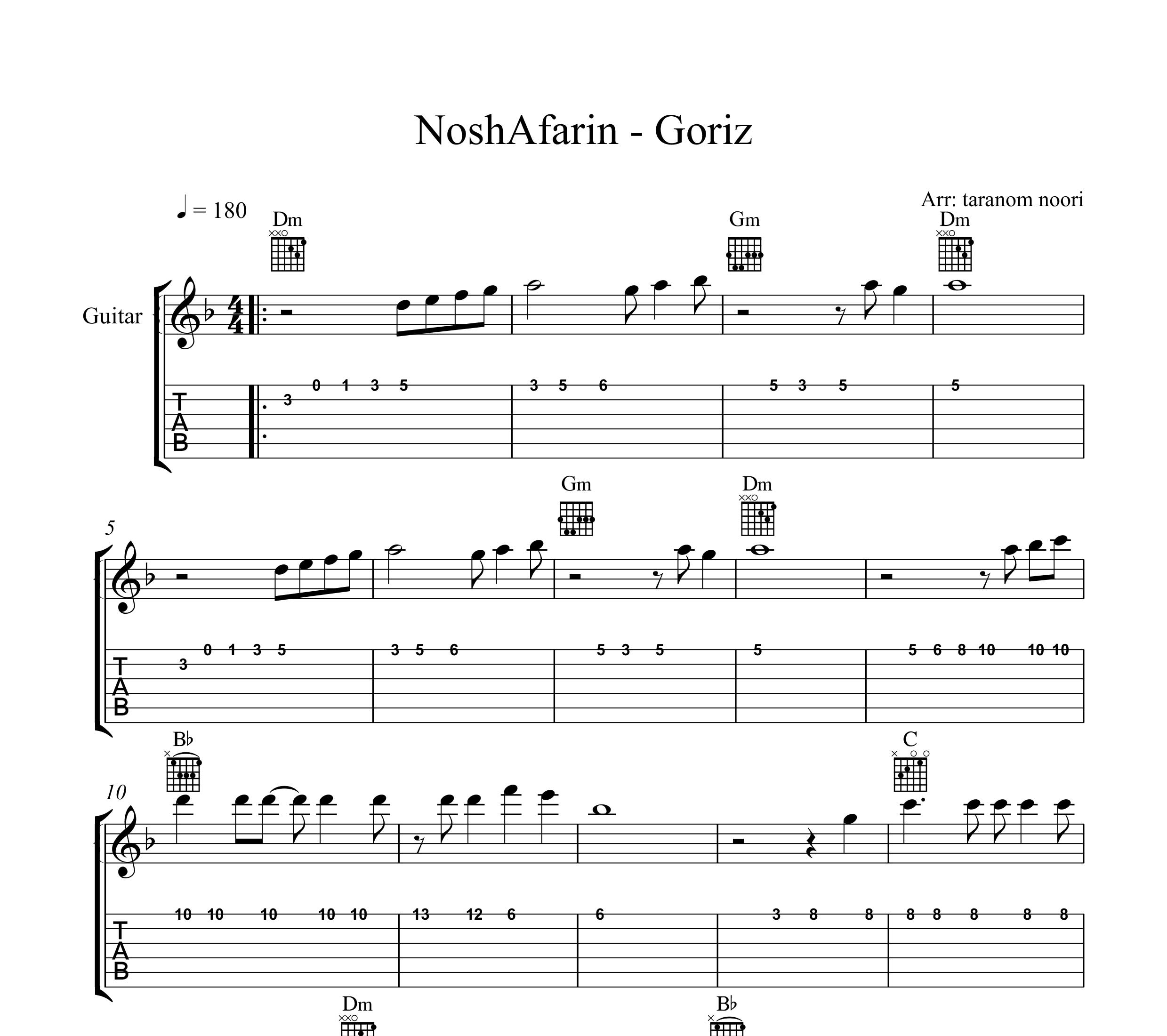 نت گیتار گریز نوش آفرین به همراه تبلچر و آکورد