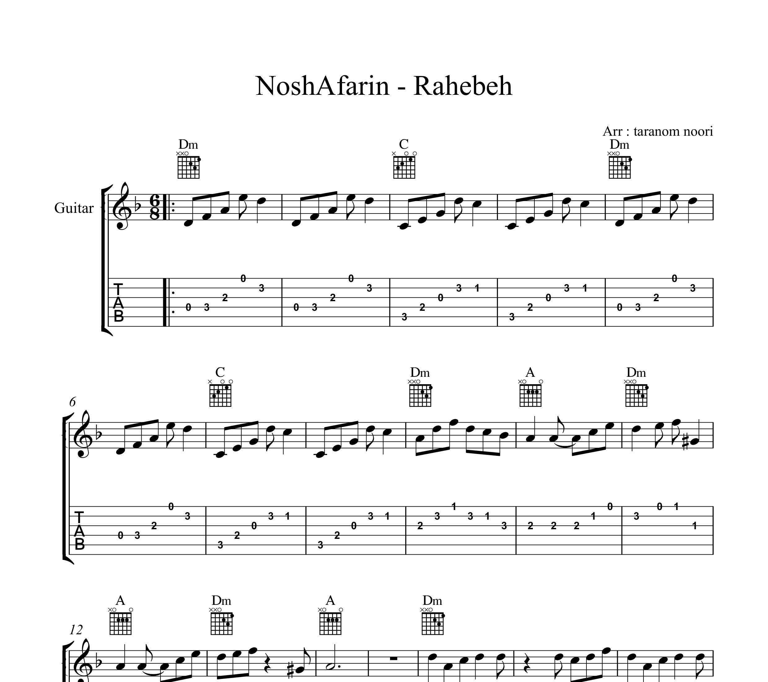 نت گیتار راهبه نوش آفرین به همراه تبلچر و آکورد