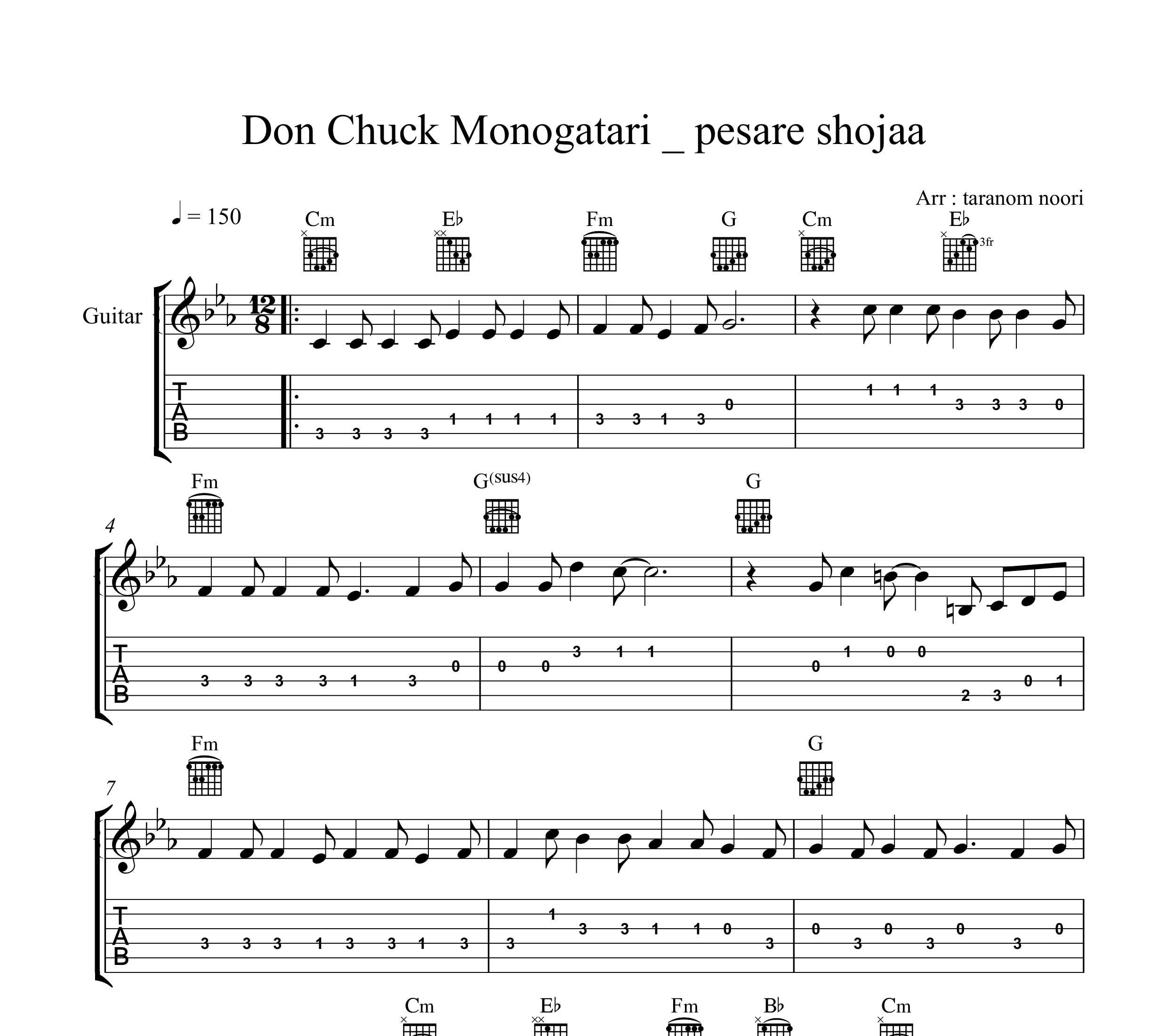 نت گیتار Don Chuck Monogatari تیتراژ کارتون پسر شجاع به همراه تبلچر و آکورد