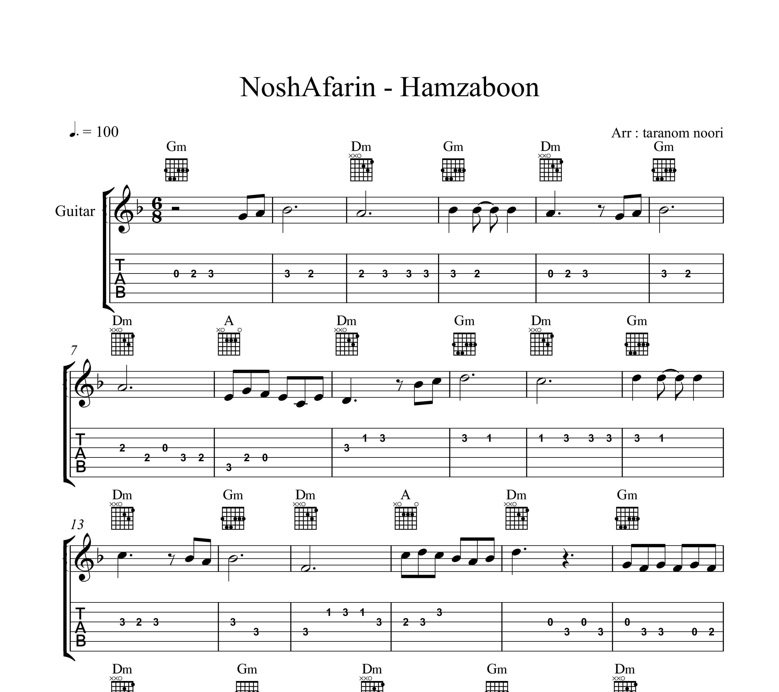 نت گیتار همزبون نوش آفرین به همراه تبلچر و آکورد