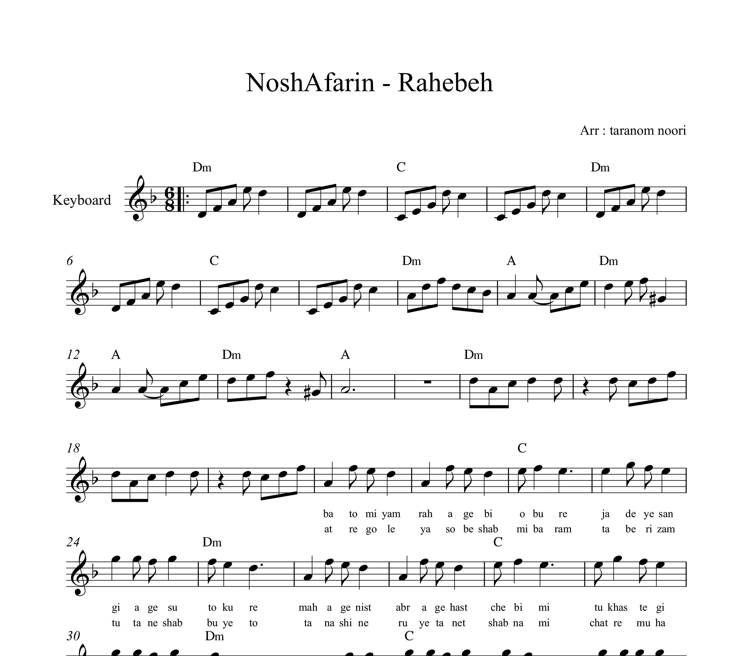 نت کیبورد راهبه نوش آفرین به همراه آکورد