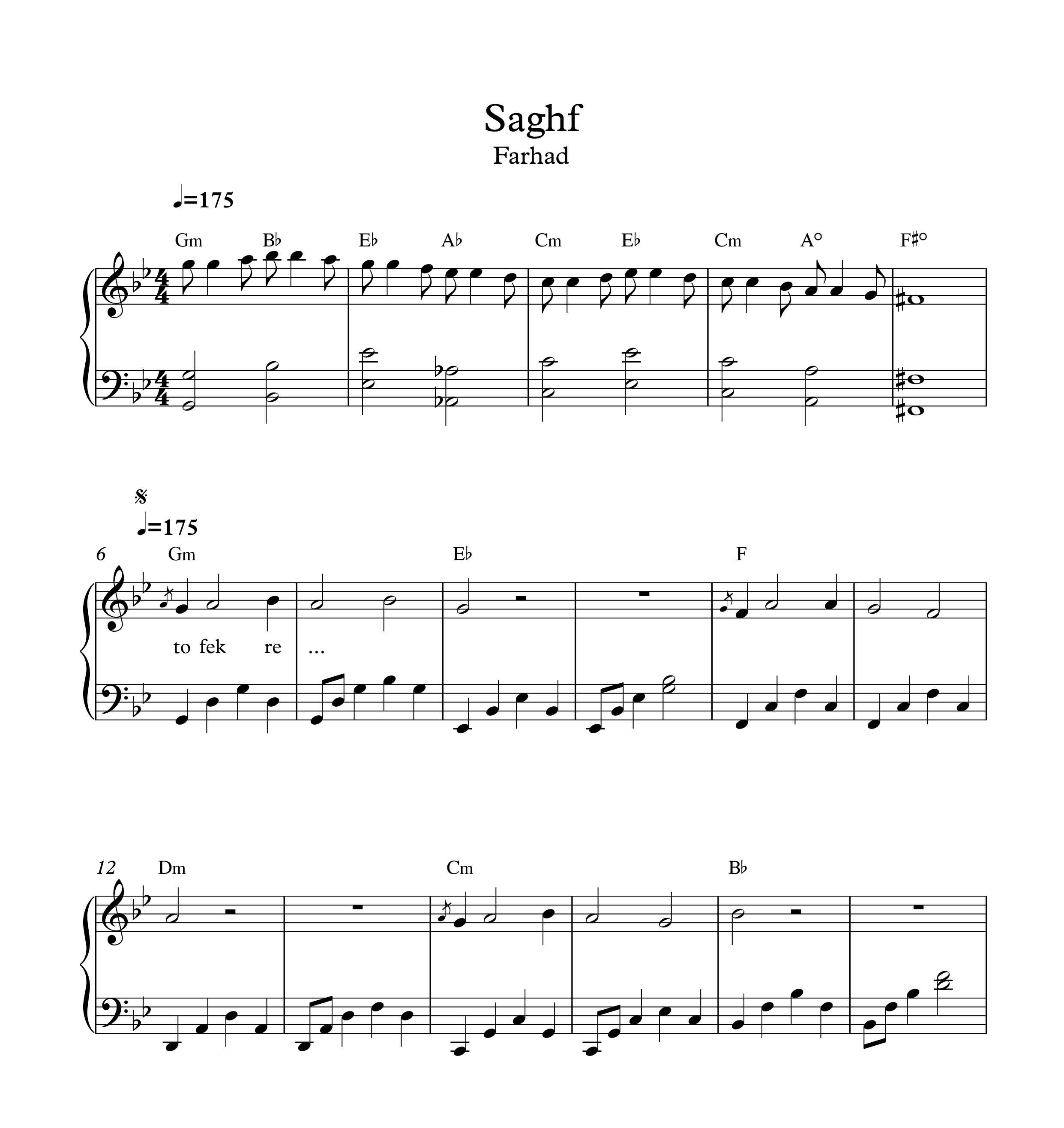 نت آهنگ سقف از فرهاد مهراد برای پیانو به همراه آکورد