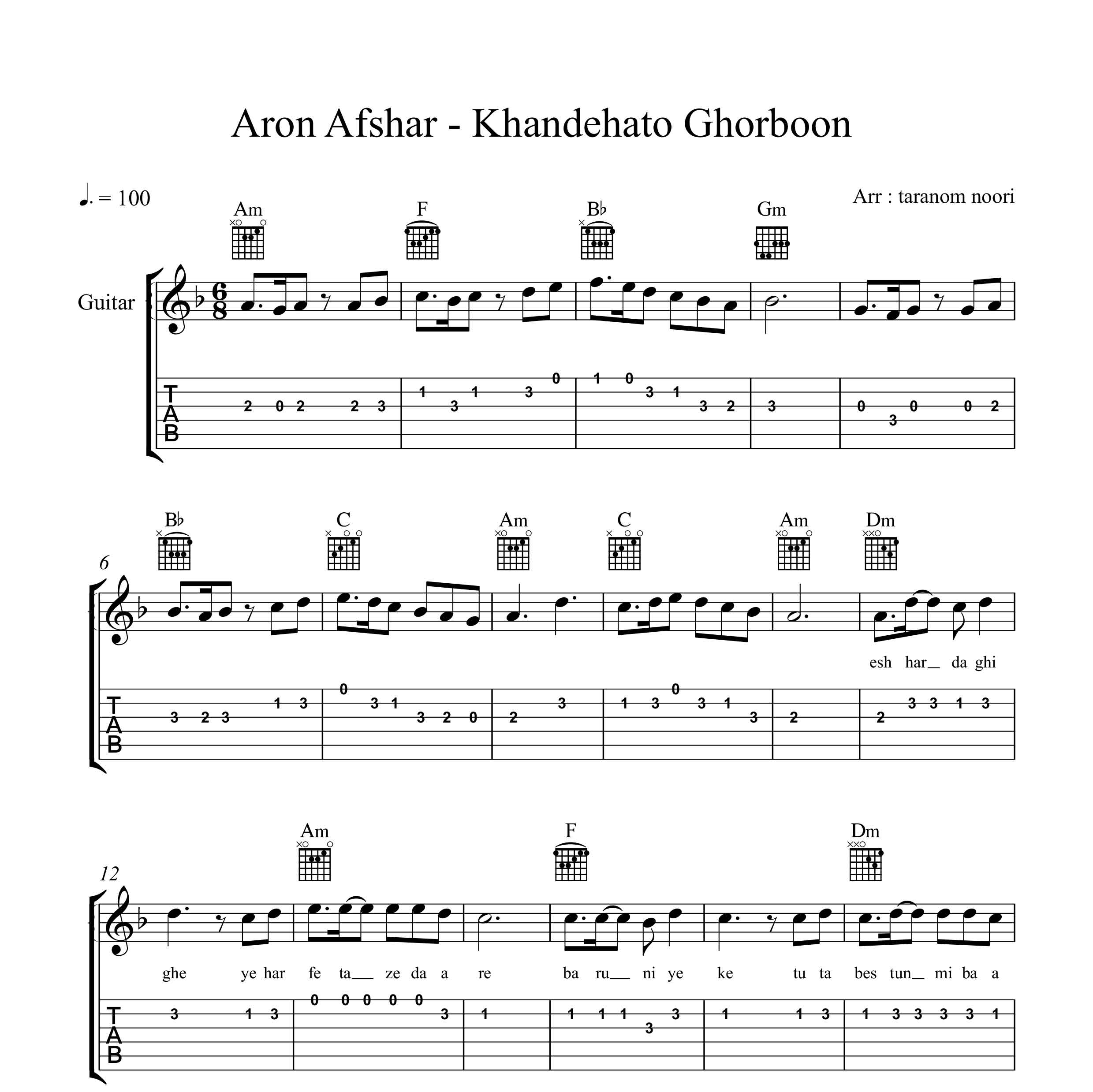 نت گیتار خنده هاتو قربون آرون افشار به همراه تبلچر و آکورد