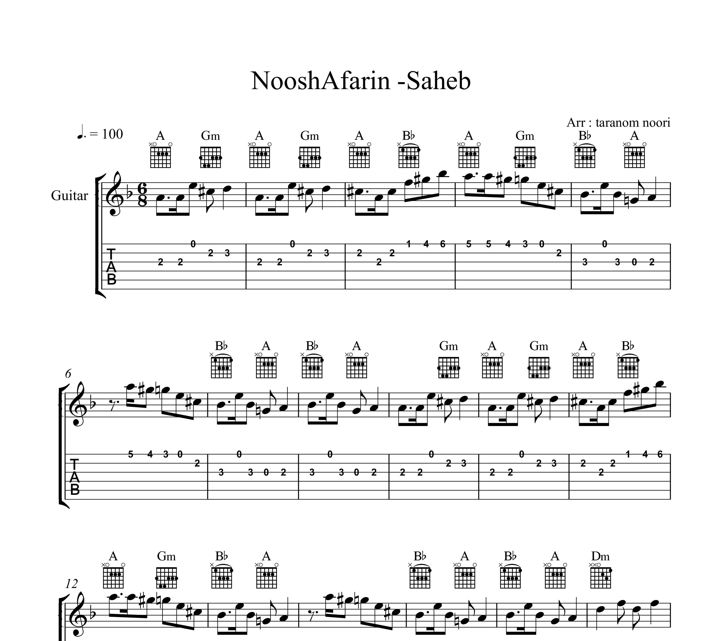 نت گیتار صاحب نوش آفرین به همراه تبلچر و آکورد
