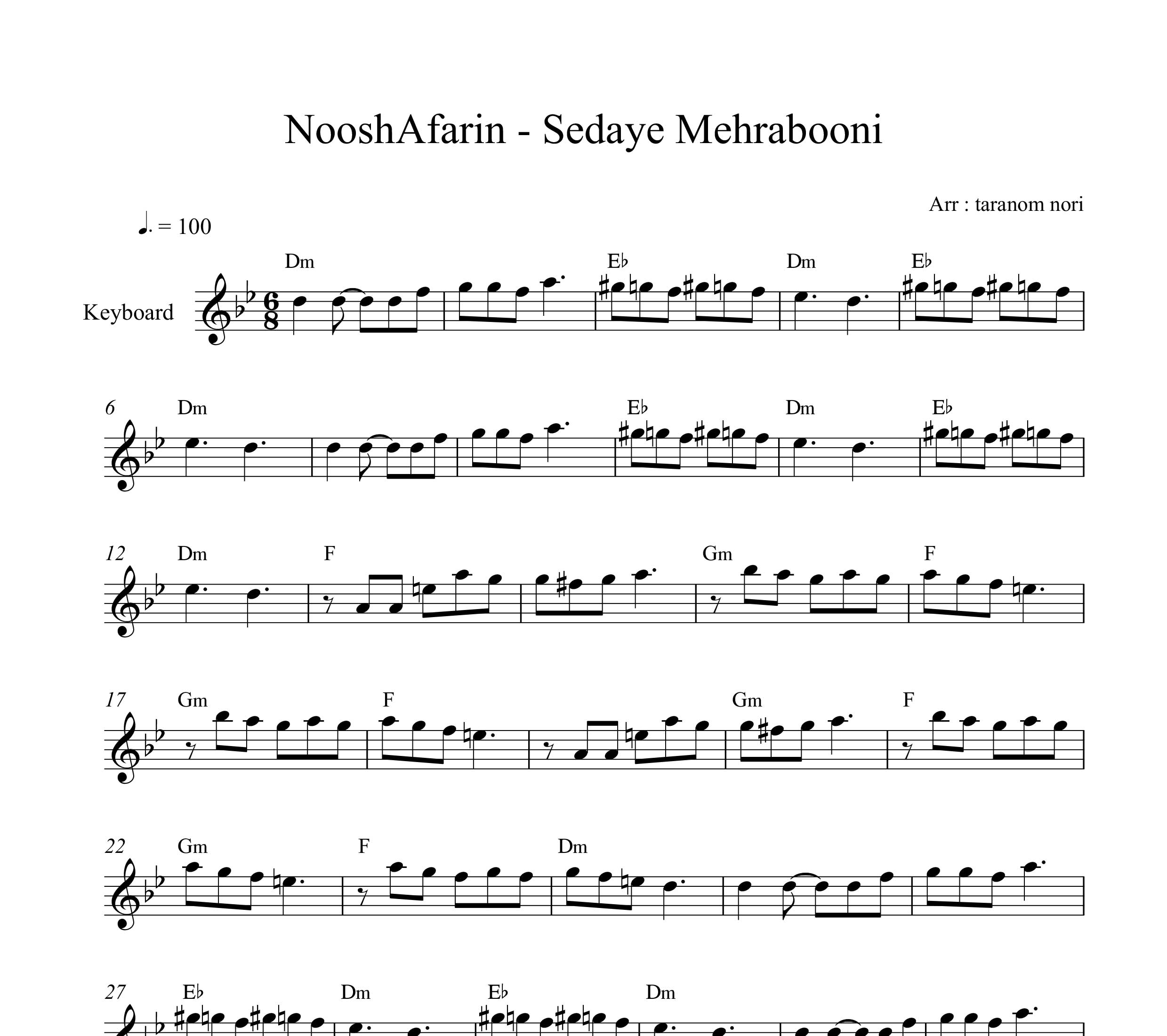 نت کیبورد صدای مهربونی نوش آفرین به همراه آکورد