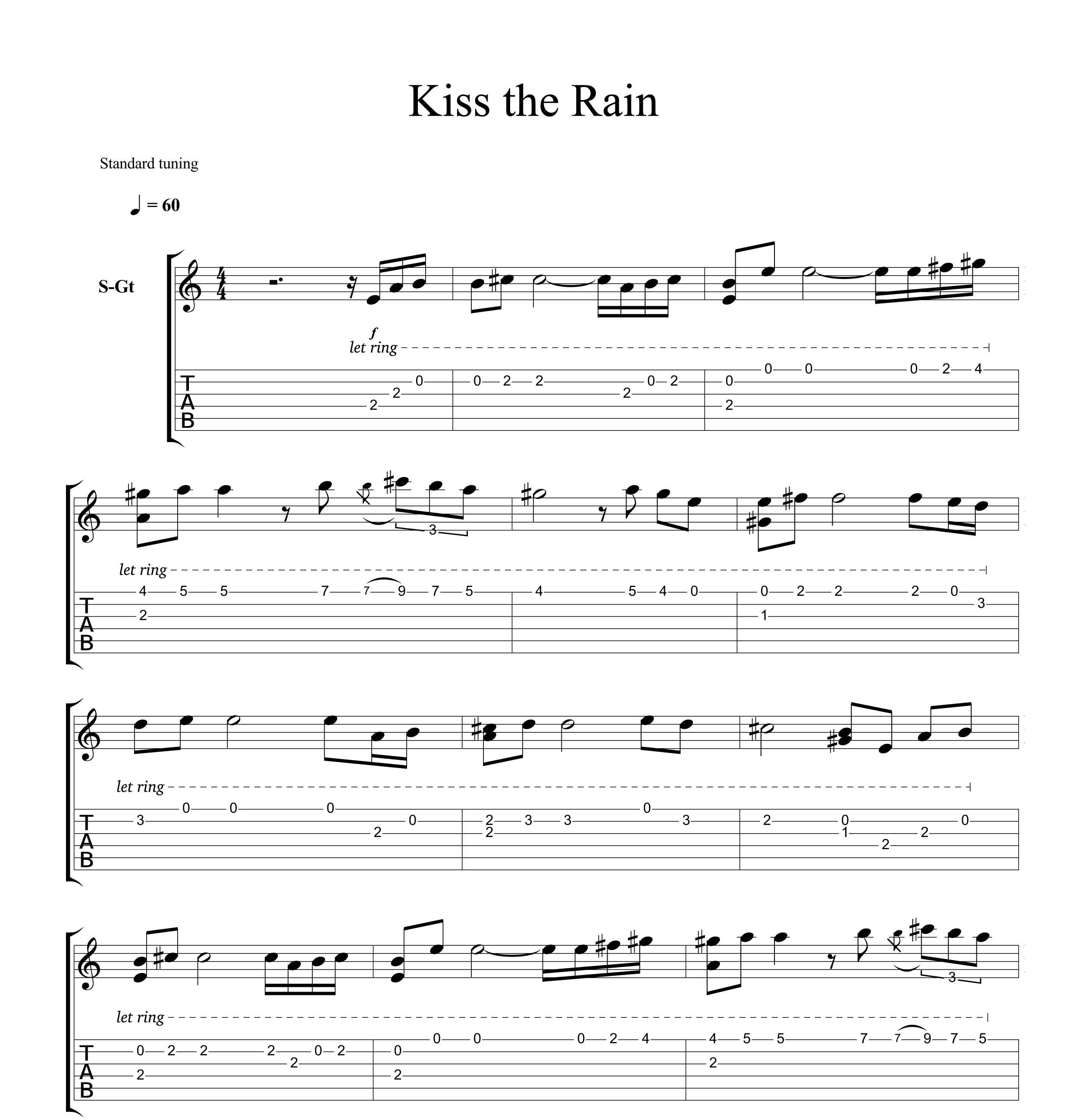 نت و تبلچر آهنگ Kiss the Rain از یروما برای گیتار