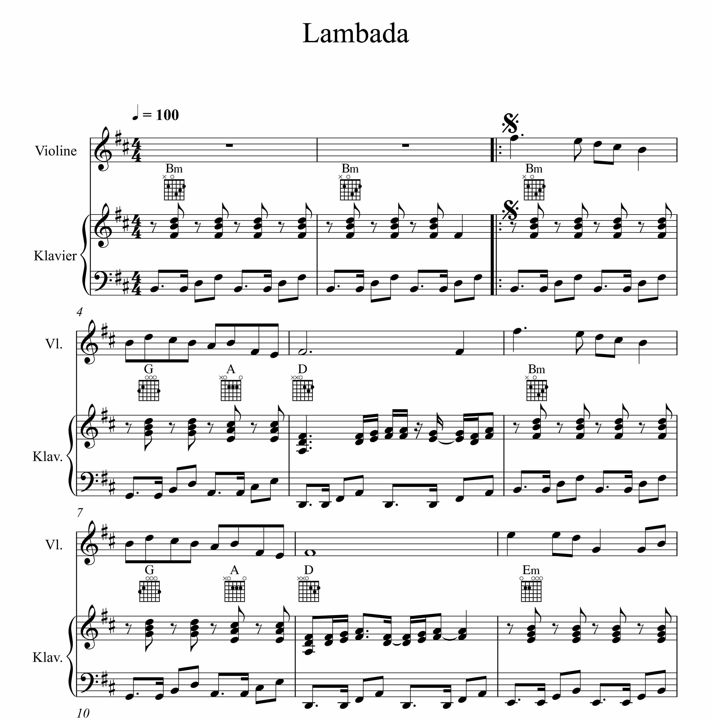 نت دوئت پیانو و ویولن آهنگ Lambada