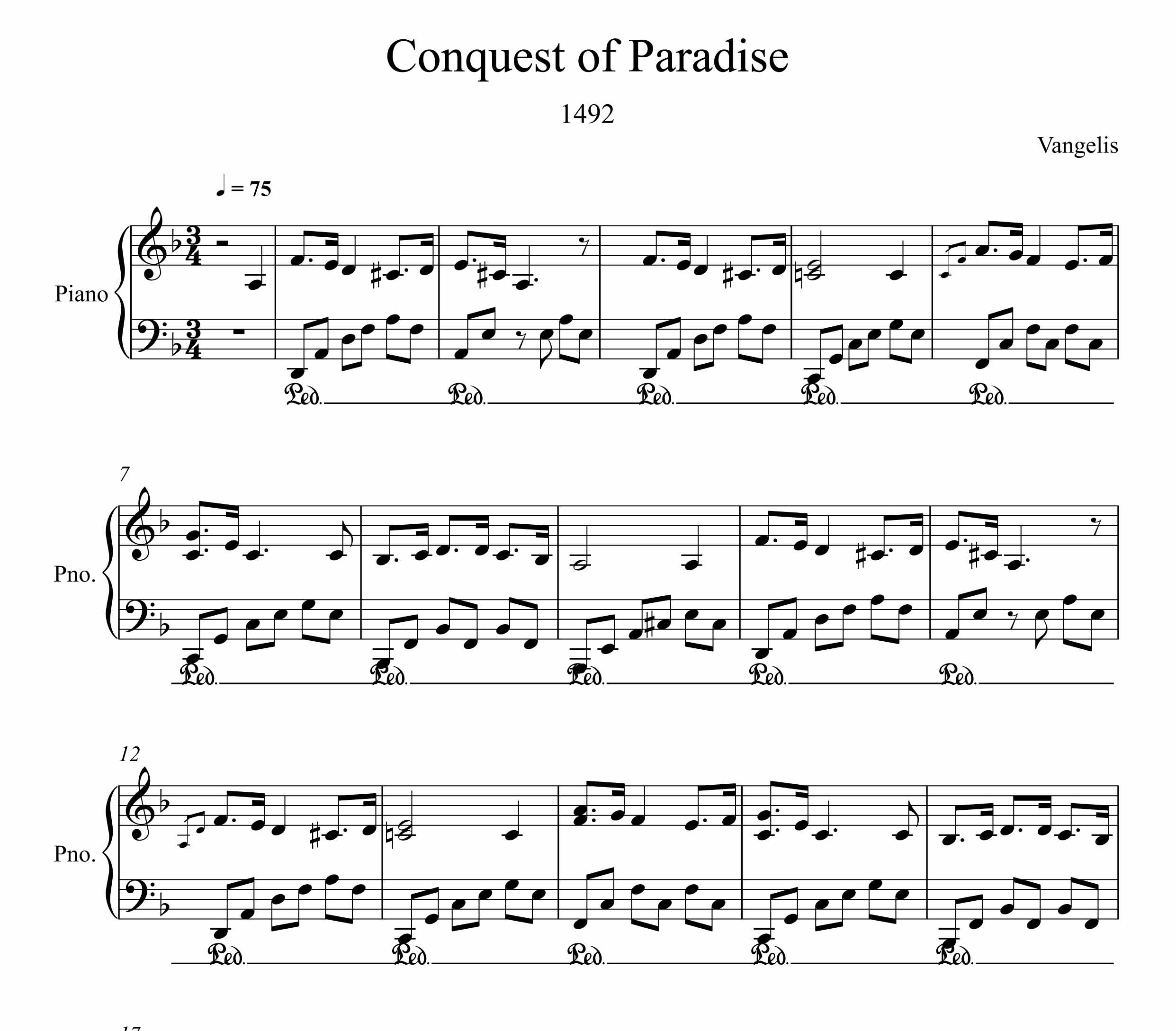 نت آهنگ Conquest of Paradise برای پیانو