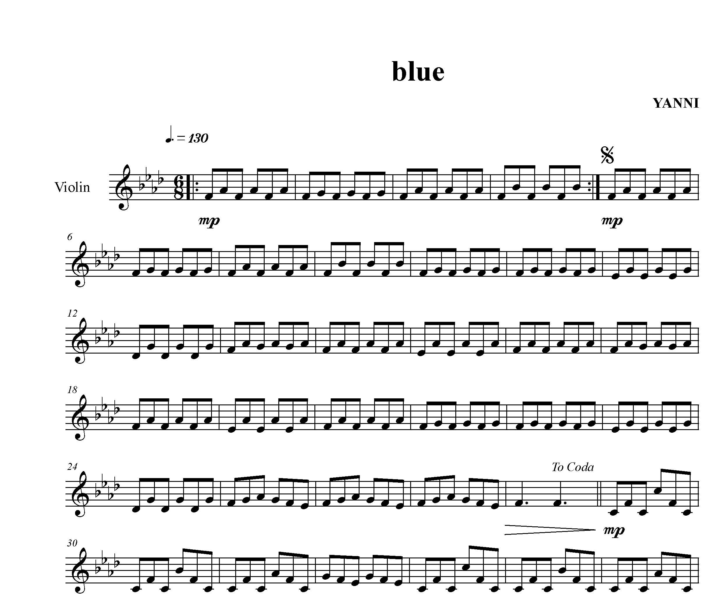 نت پیانو آهنگ blue از YANNI