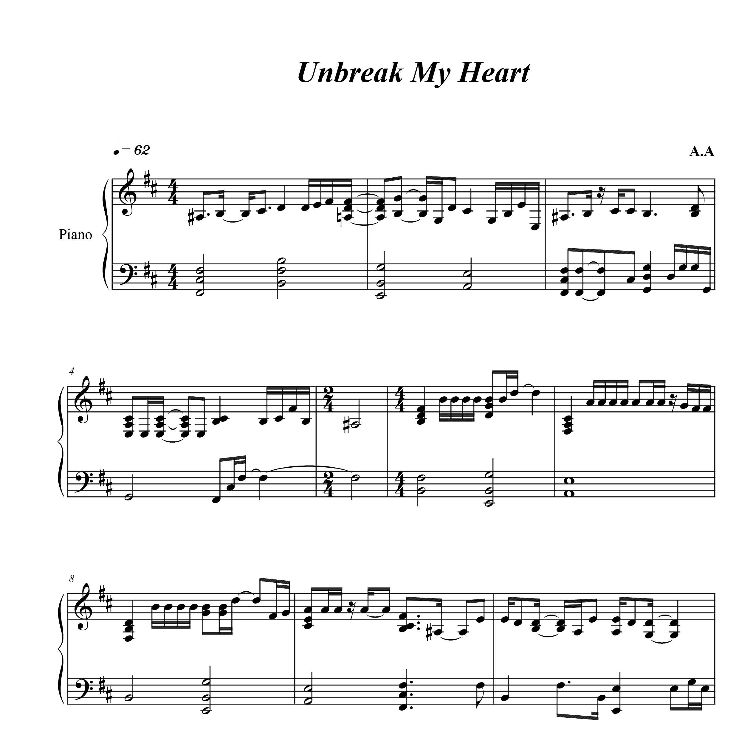 نت پیانو Unbreak My Heart دیوید فاستر
